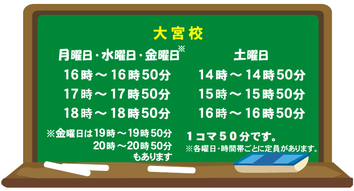 大宮校 月曜日・水曜日・金曜日 16時~16時50分 17時~17時50分 18時~18時50分 ※金曜日は19時~19時50分 20時~20時50分もあります 土曜日 14時~14時50分 15時~15時50分 16時~16時50分 1コマ50分です ※各曜日・時間帯ごとに定員があります